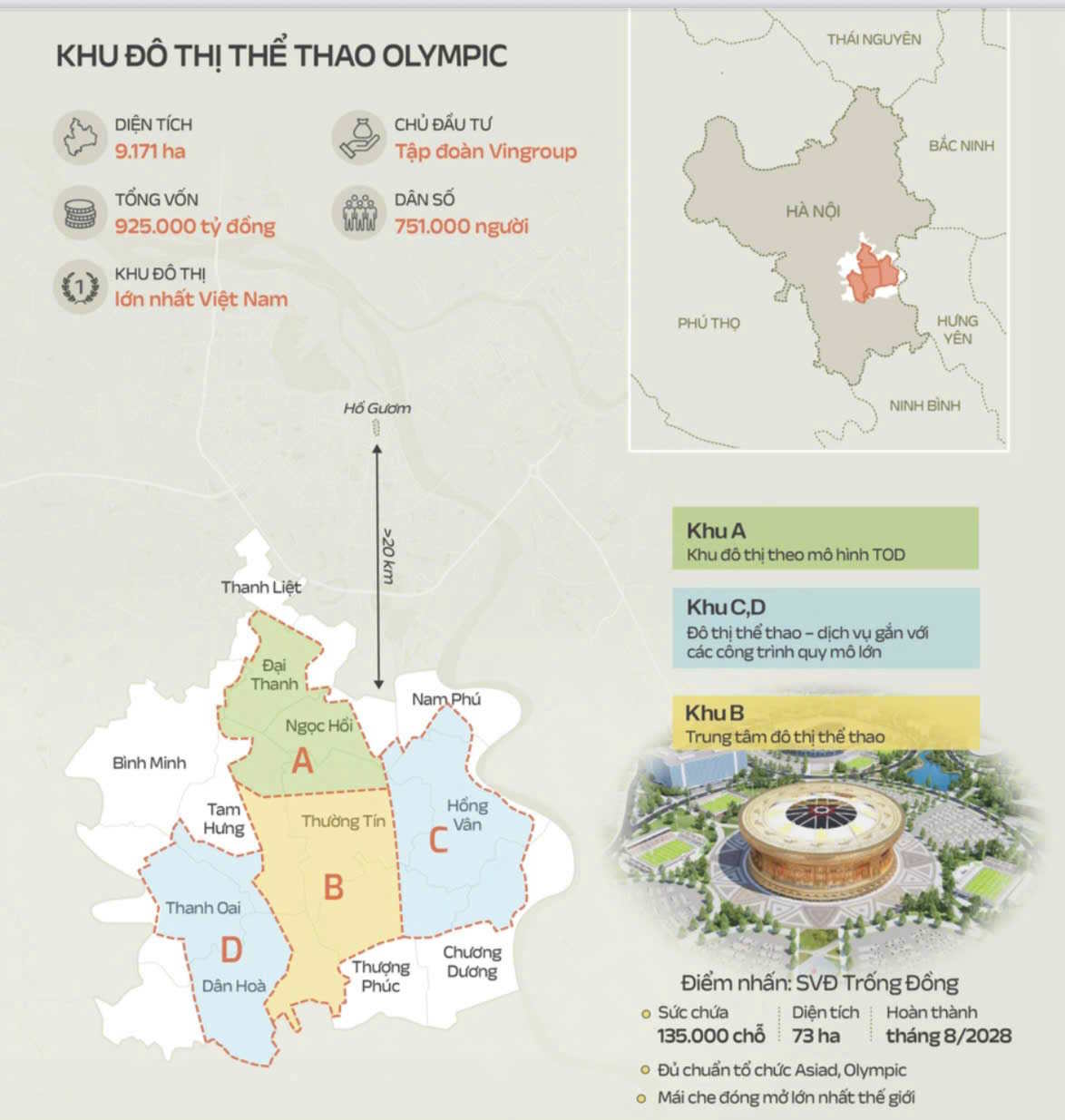 Bản đồ phân khu khu đô thị thể thao Olympic: khu A TOD, khu B trung tâm đô thị thể thao, khu C-D đô thị thể thao - dịch vụ gắn công trình quy mô lớn